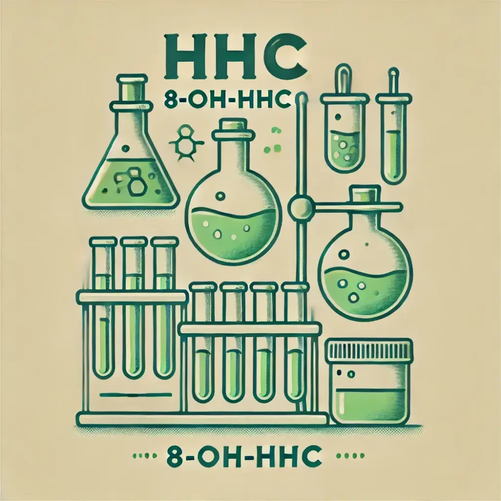 Material de laboratório, como frascos e béqueres, texto: HHC, 8-OH-HHC, tal como são produzidos em laboratório