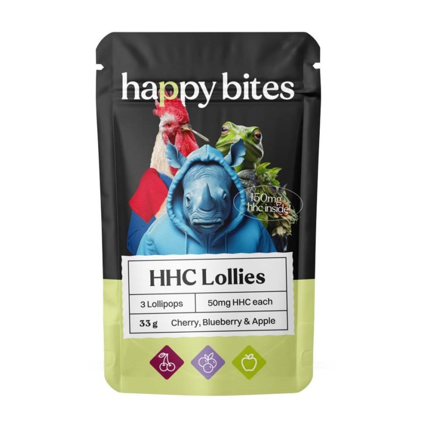 Happy Bites HHC nyalókák cseresznye / áfonya / alma, 3 db x 50 mg, 150 mg