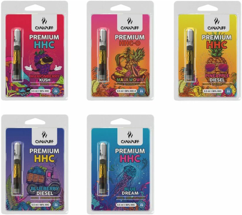 "Canapuff HHC" kasečių rinkinys, 96 % HHC, viskas viename rinkinyje - 5 skoniai x 0,5 ml