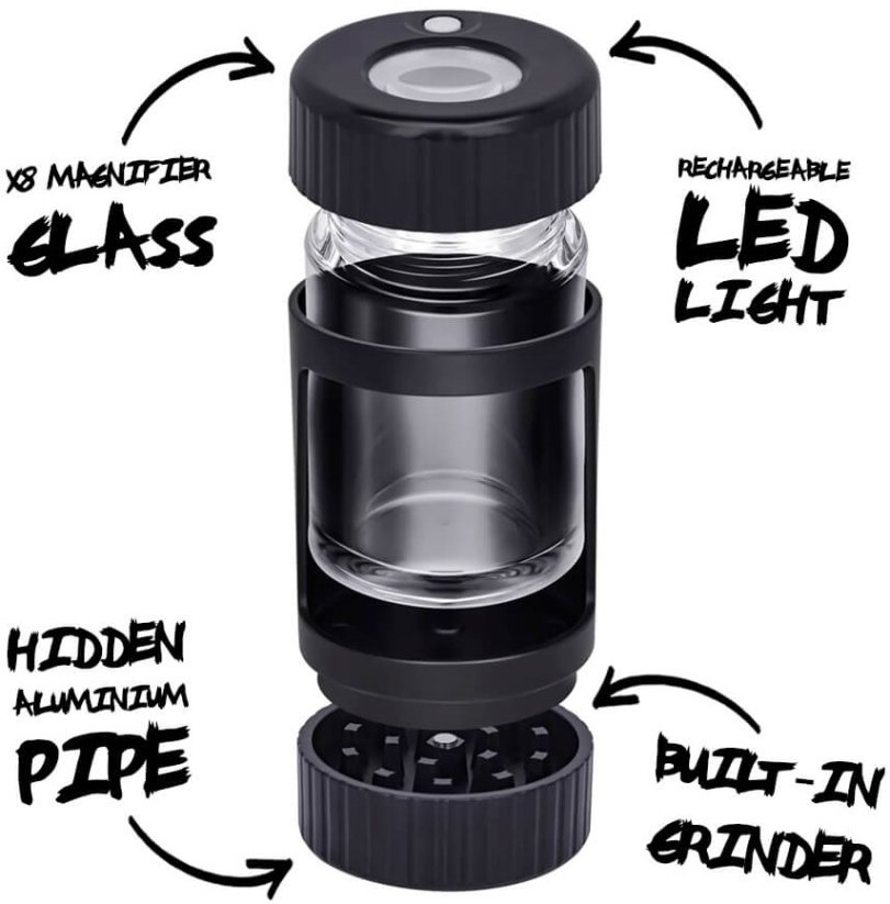 Verre loupe noir Best Buds avec lumière LED, moulin à café et pipe en aluminium
