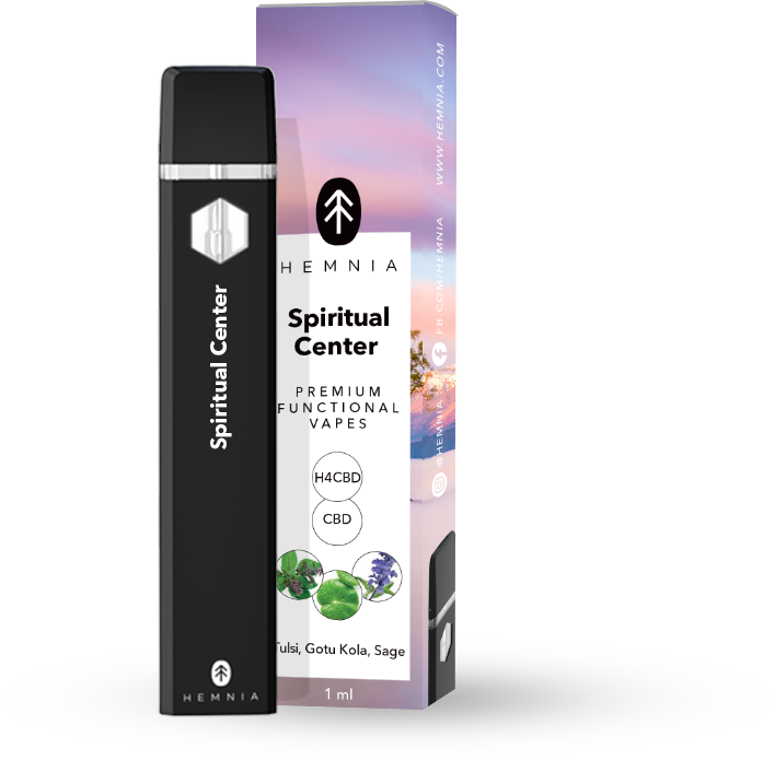 Hemnia Premium Functional H4CBD and CBD Vape Pen Spiritual Center - 50 % H4CBD, 45 % CBD, Tulsi, Gotu Kola, Sage, 1 ml