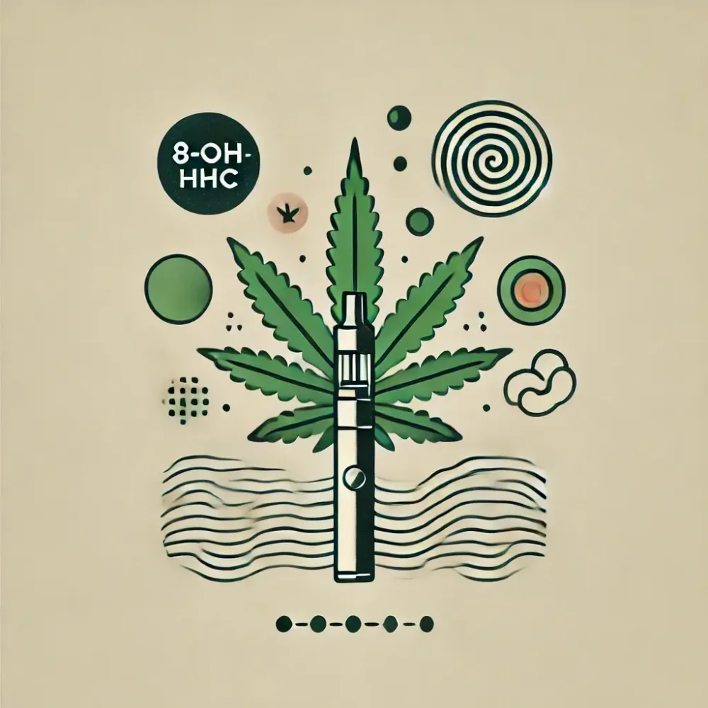 Una semplice illustrazione, con una foglia di cannabis al centro e una penna per vaporizzare in cima, con il testo: 8-OH-HHC, una spirale e altri motivi in un cerchio, che suggeriscono che l'8-OH-HHC ha effetti psicoattivi.